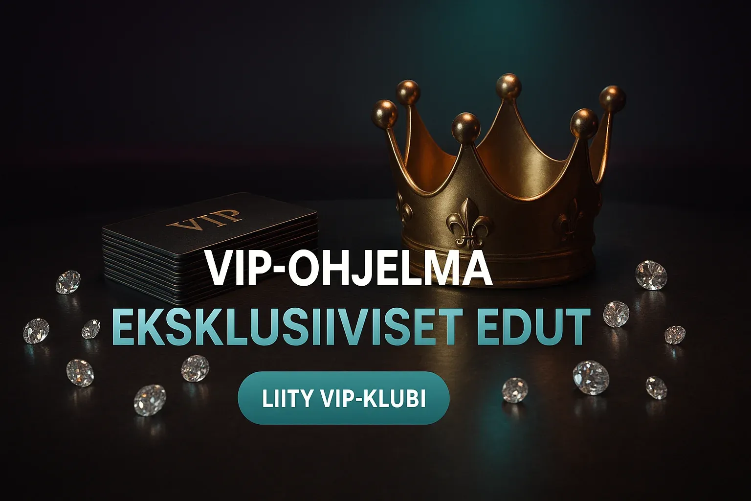 VIP-kasino banneri kruunulla, premium-korteilla ja timanteilla VIP-loungessa
