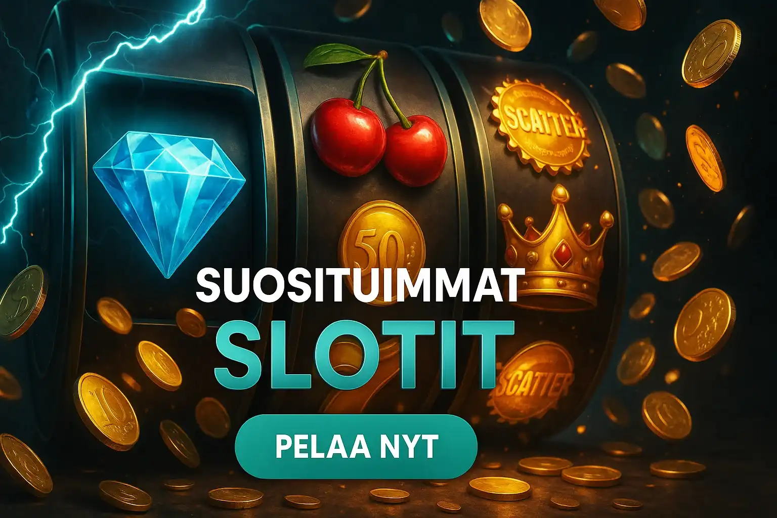 Fotorealistinen suomalainen kasinobanneri, kolikkopelit, teal-salama, kultakolikot ja scatterit