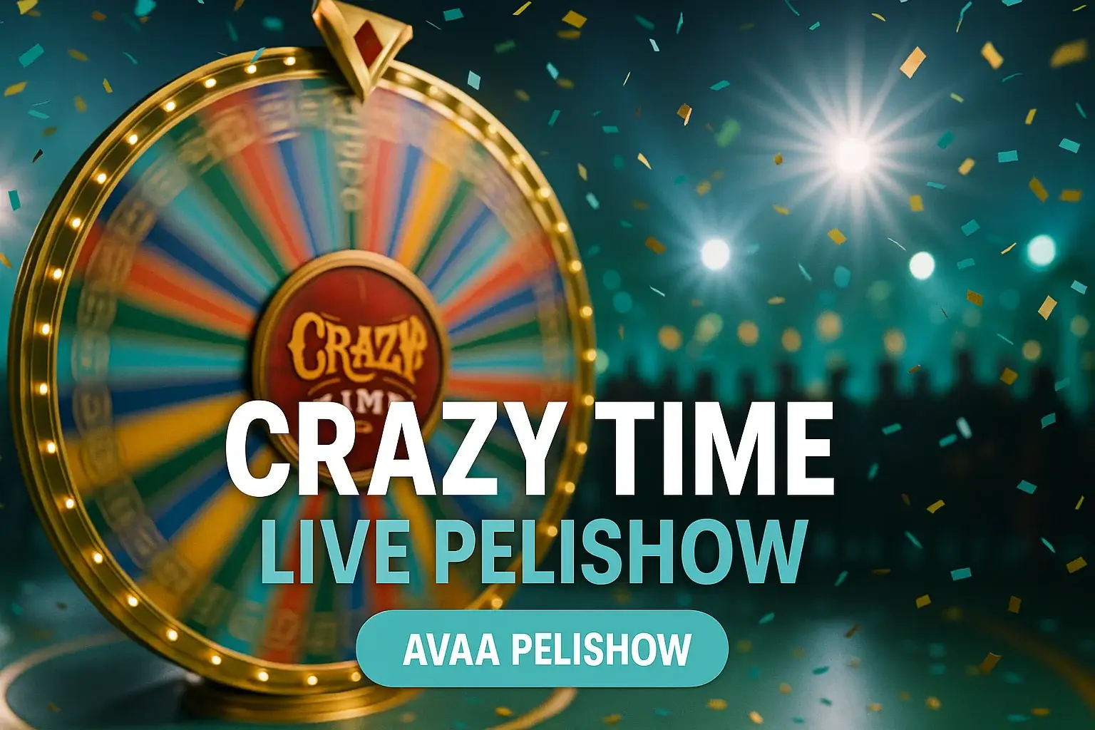 Fotorealistinen live-kasinobanneri Crazy Time -pelishowsta, pyörivä onnenpyörä ja konfetti