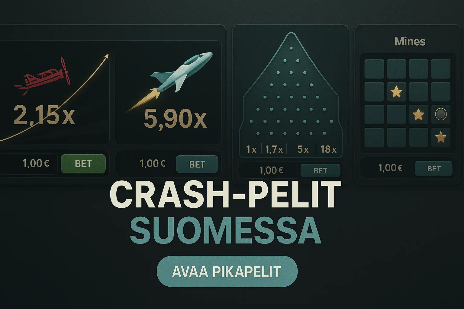 Leveä suomalainen kasinobanneri crash-peleistä, neljä pelinäkymää ja CTA-painike
