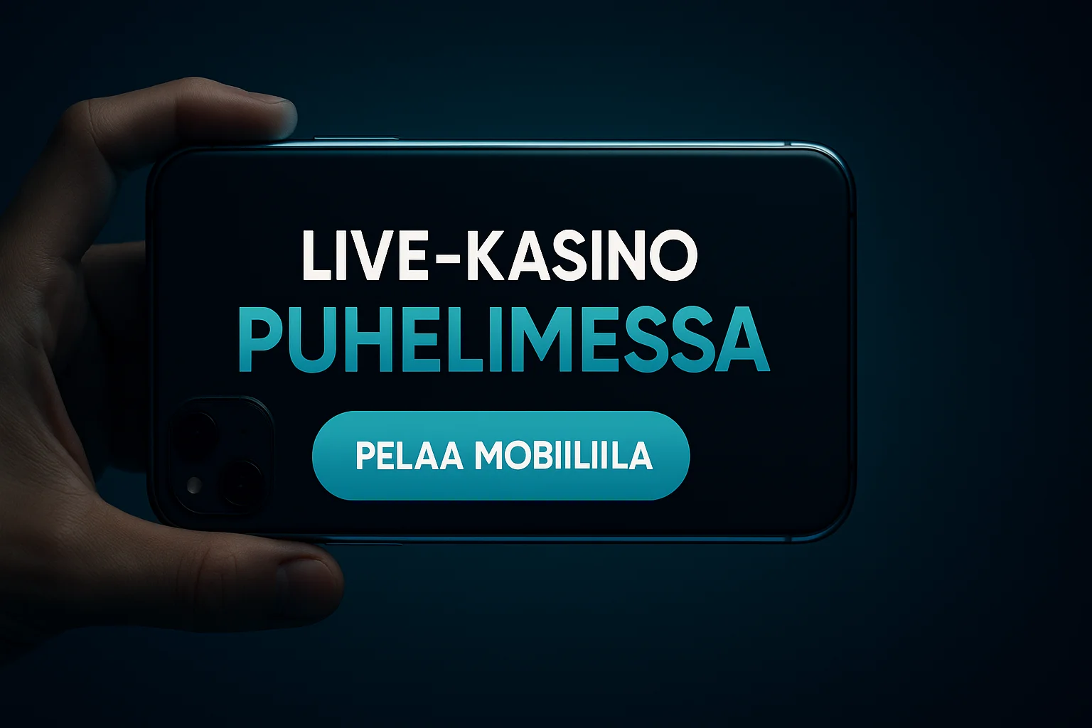 Fotorealistinen suomalainen live-kasinobanneri, puhelin vaakasuunnassa ja teal reunavalo