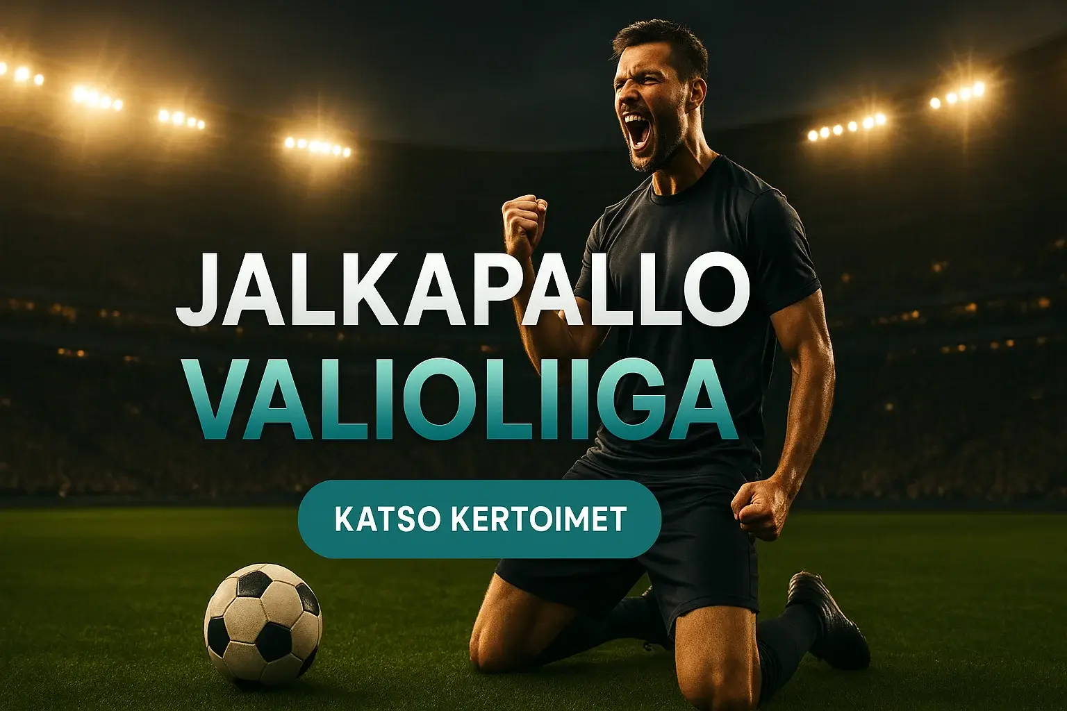 Fotorealistinen jalkapallovedonlyönnin banneri, pelaaja juhlii stadionilla ja kertoimet CTA